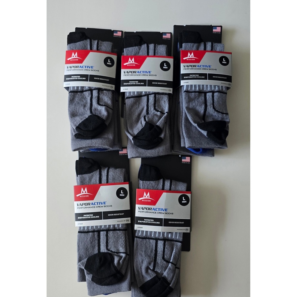 Mission VaporActive Performance Crew Socks Men L Grey Black 10 Pairs Lot 5 Packs